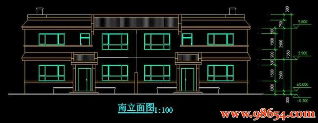 首层单套面积91平方米2层双拼别墅建筑施工图正立面图