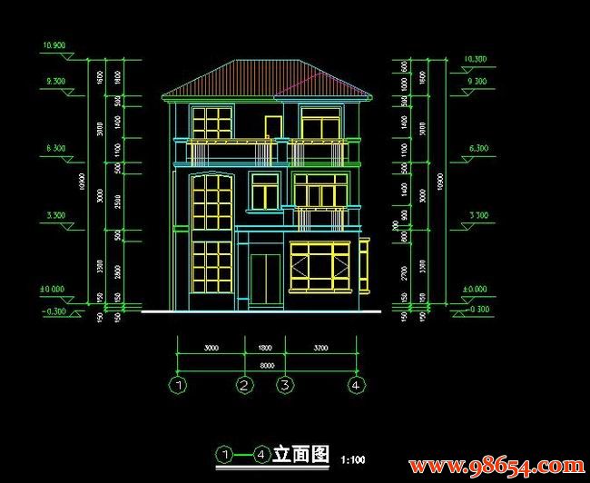 首层面积68平方米3层别墅建筑设计施工图正立面图