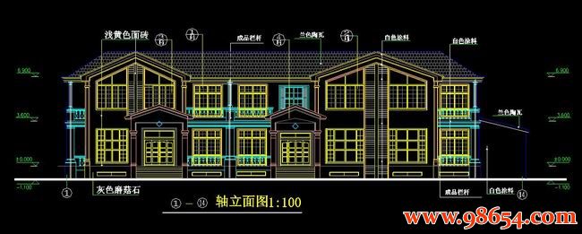 首层面积501平方米2层单套双拼别墅施工图正立面图