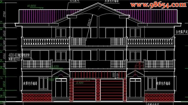 三层双拼别墅设计CAD图正立面图