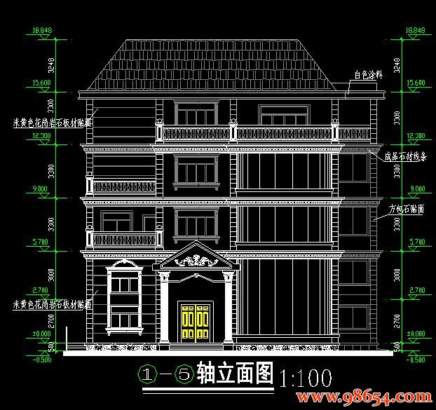 首层面积284平方米4层独栋别墅施工图正立面图