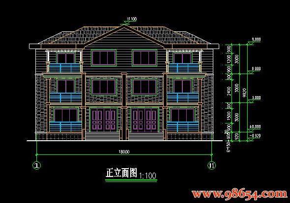 首层面积194平方米3层单套双拼别墅设计图正立面图