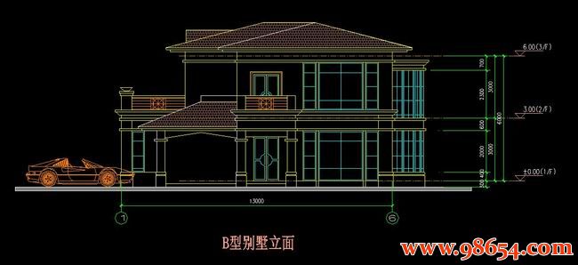 首层面积211平方米2层B型别墅设计施工图正立面图