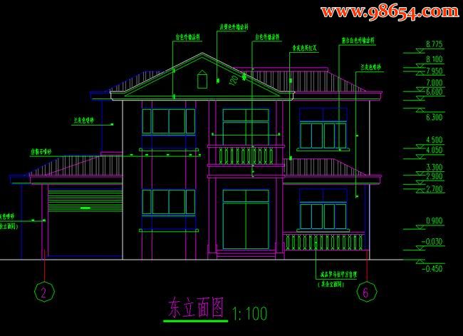 首层面积194平方米2层某别墅结构建筑施工图正立面图