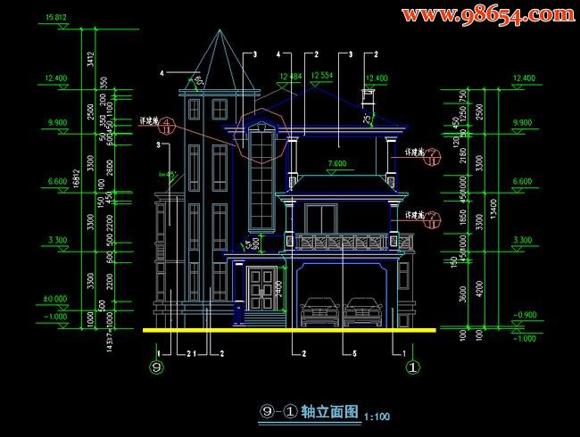 首层216平方米三层A型别墅施工图正立面图