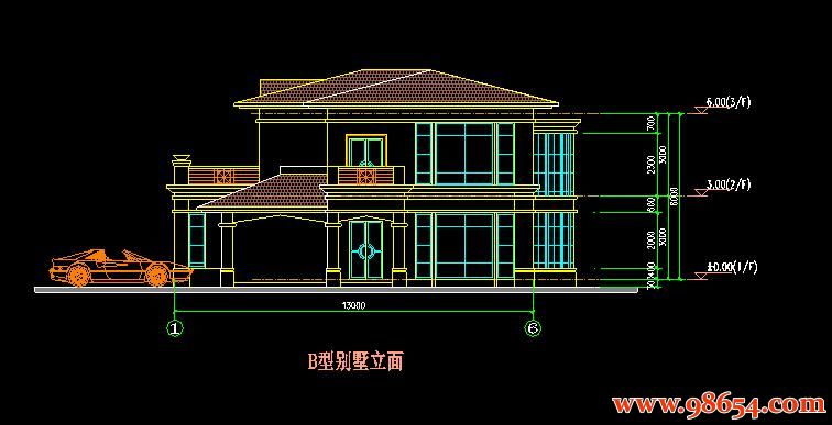 首层面积211平方米2层B型别墅CAD图纸正立面图