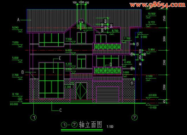 首层面积246平方米3层别墅施工图正立面图