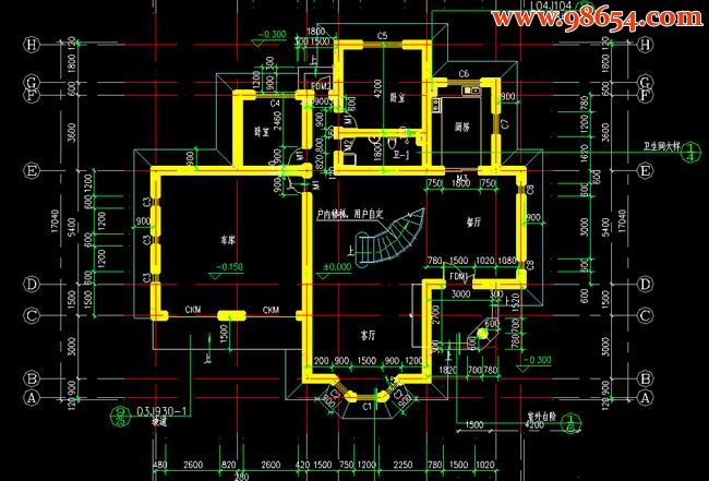 两层299平米天虹花园别墅建筑施工图一楼平面图