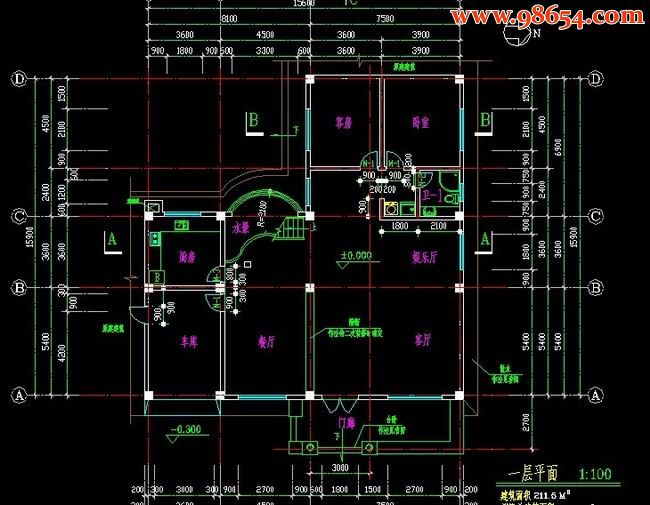 某地三层别墅建施图纸一楼平面图