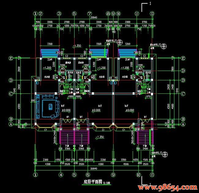 首层面积248平方米3层联排别墅建筑施工总图一楼平面图