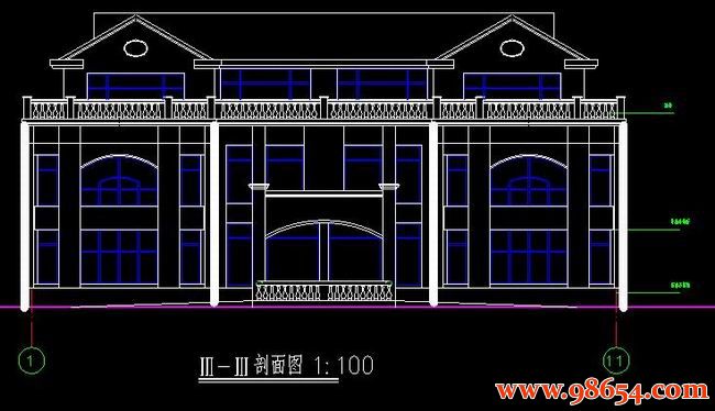 首层面积596平方米3层豪华别墅设计施工图正立面图