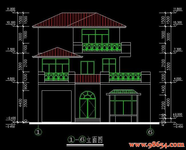 首层面积138平方米3层别墅方案正立面图