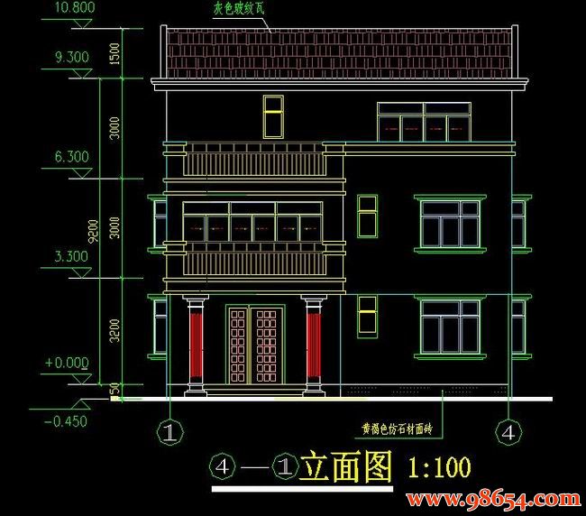 首层面积157平方米3层新农村独栋别墅设计方案正立面图