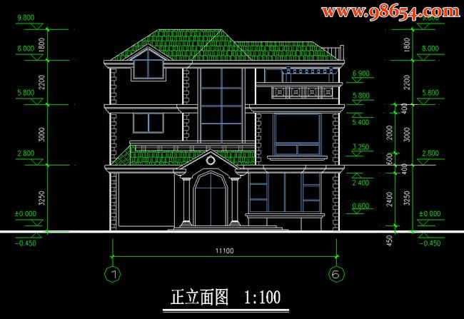 首层面积126平方米3层农村别墅设计图正立面图