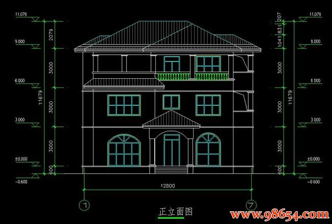 首层面积139平方米3层别墅设计施工图正立面图