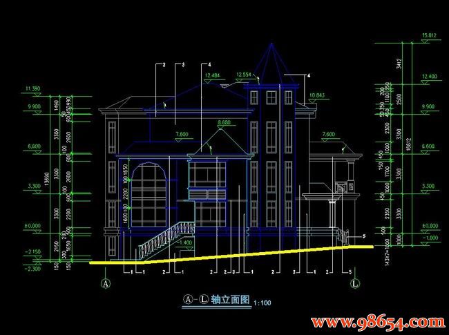 首层面积287平方米3层5室2厅7卫别墅全套设计施工图正立面图