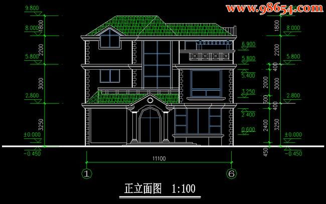 首层126平米2层带夹层别墅施工图正立面图