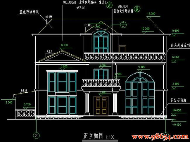 首层面积222平方米3层别墅的建筑施工图正立面图