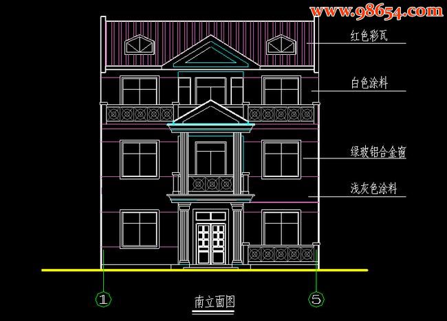 三层120平米新农村独栋别墅正立面图