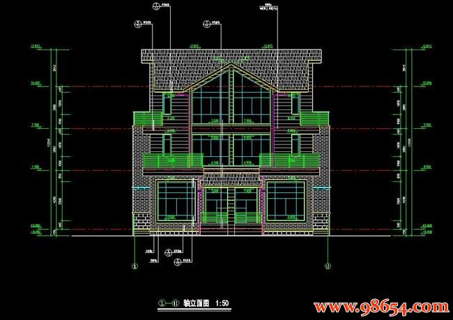 首层面积191平方米3层双拼别墅施工图正立面图