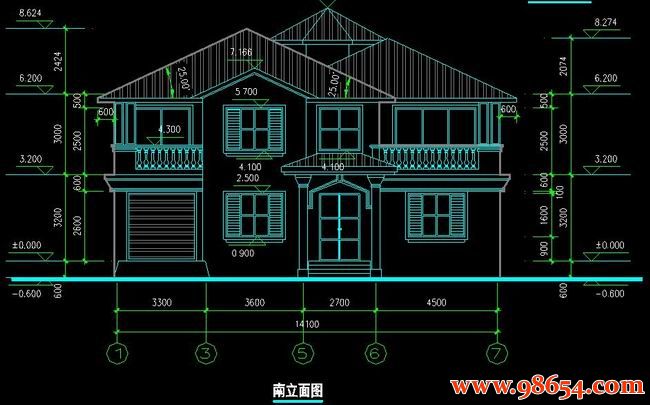 首层面积176平方米2层别墅建筑施工图正立面图