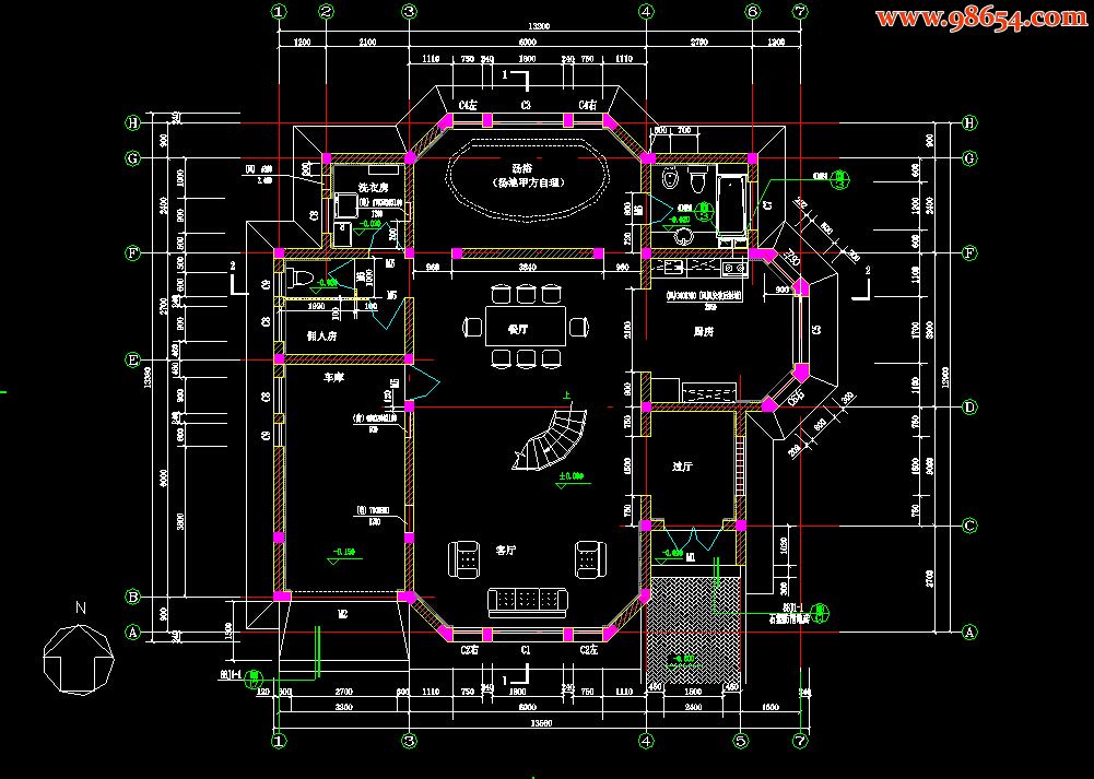 三层自建庄园别墅施工图一楼平面图