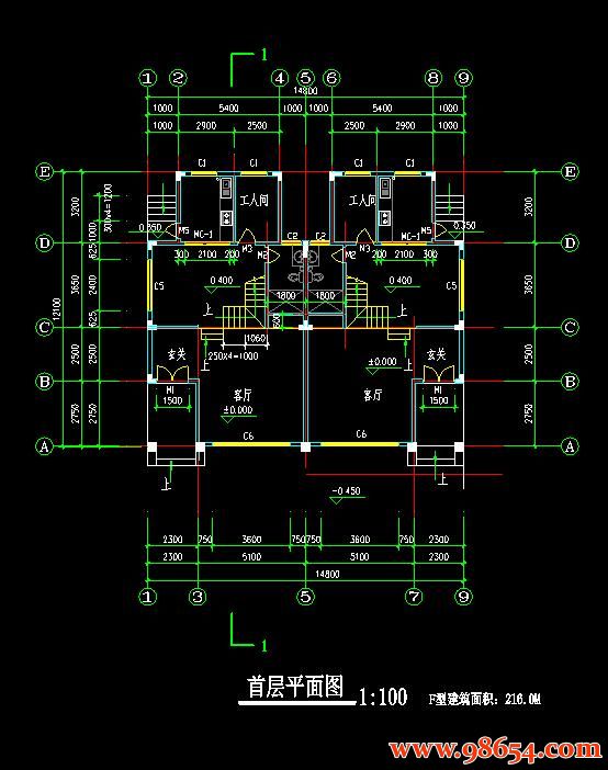 首层面积179平方米3层双拼别墅施工图一楼平面图