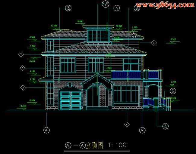 首层265平方米3层小型别墅建筑设计图纸正立面图