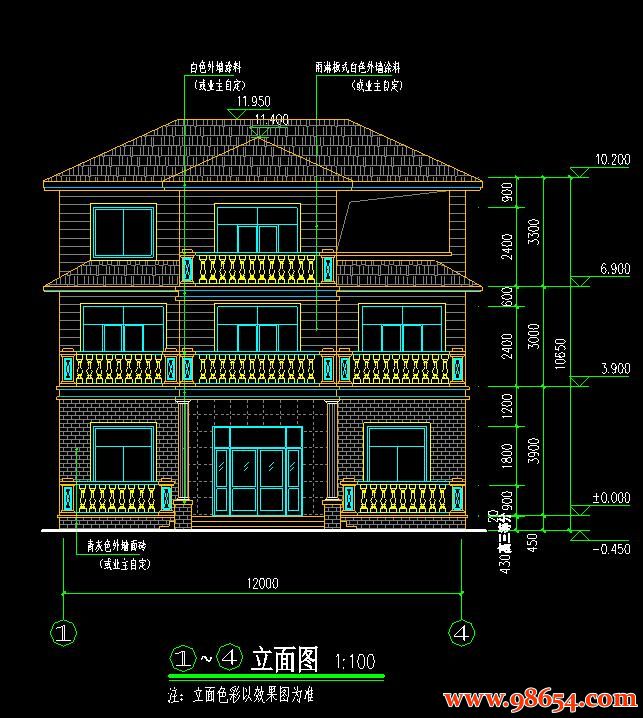 建筑面积320平方米3层5室3厅5卫农村别墅施工图正立面图