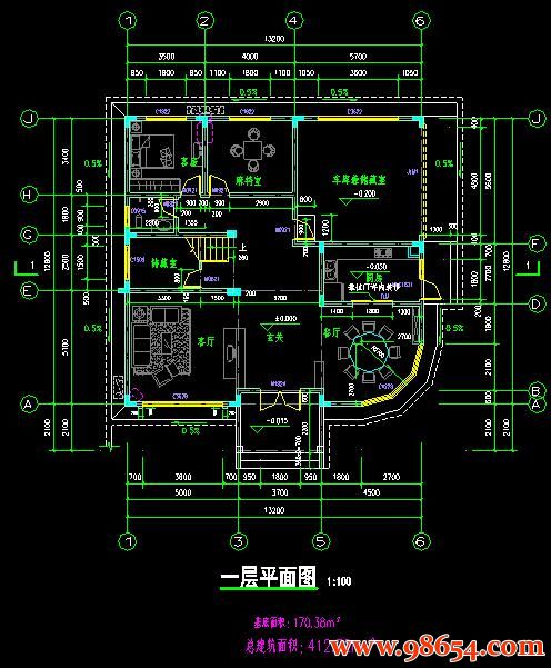 首层面积168平方米3层农村别墅建筑设计施工图一楼平面图