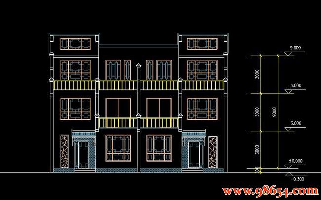 首层面积300平方米3层双拼别墅建筑设计施工图正立面图