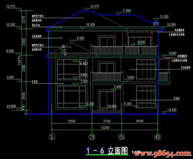 首层面积168平方米3层新农村全套别墅设计施工图正立面图