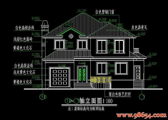 首层面积219平方米2层自建私人别墅施工图正立面图