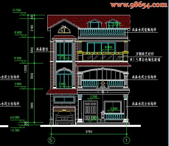 首层面积99平方米3层精巧型别墅图纸正立面图