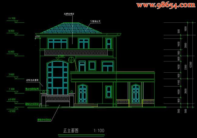 两层6室3厅6卫别墅详细施工图正立面图