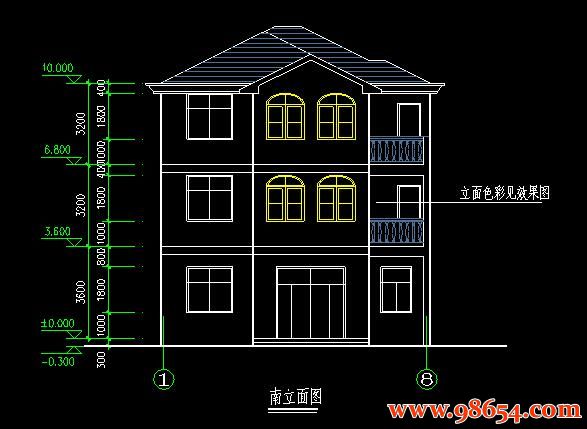 首层面积109平方米3层自建独栋别墅施工图正立面图