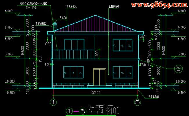 首层130平米2层小型别墅建筑施工图纸正立面图