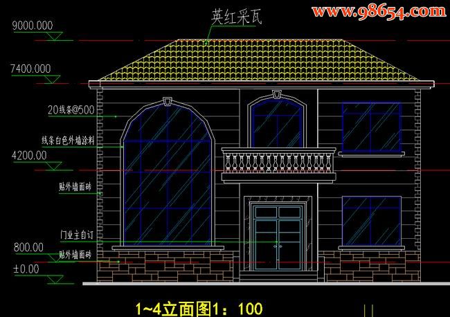 二层124平米别墅全套施工图纸正立面图