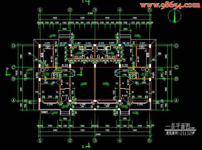 两层5室2厅3卫大连某双拼别墅建筑施工图一楼平面图