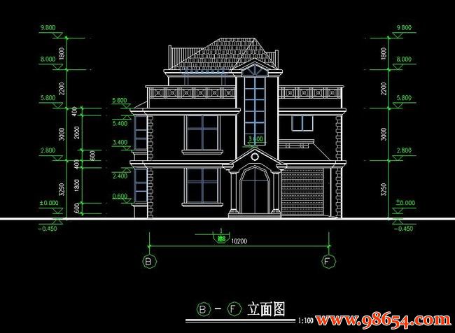 首层面积150平方米2层带阁楼别墅施工图正立面图