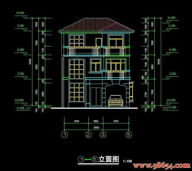 首层面积139平方米3层别墅全套建施图正立面图