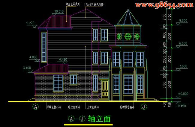 三层227平米不错的别墅施工图正立面图