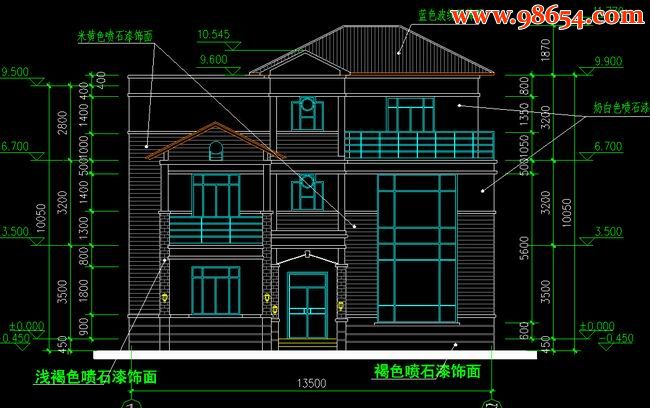 三层193平米现代独栋别墅施工图正立面图