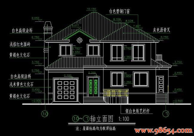 首层面积219平方米2层农村住宅设计施工图正立面图