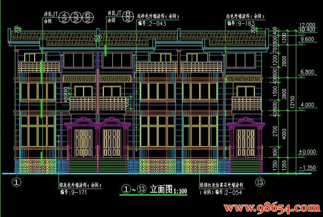 首层面积248平方米3层联排别墅建筑施工总图正立面图