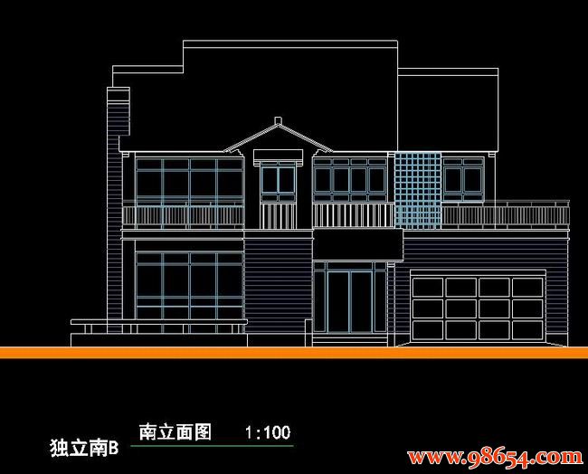 首层面积194平方米2层独立南b别墅施工图正立面图