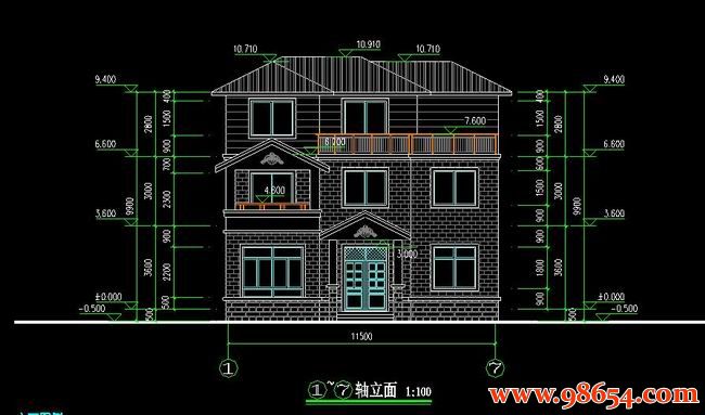 首层面积116平方米3层别墅施工图正立面图