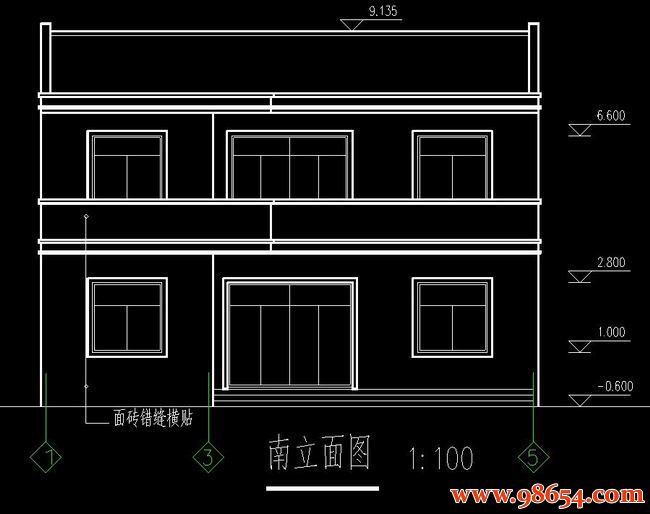 首层面积117平方米2层B型别墅建筑结构施工图正立面图