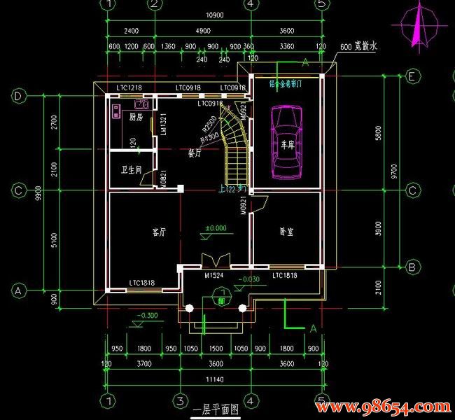 首层面积107平方米3层别墅建筑设计施工图一楼平面图