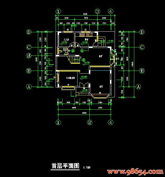 首层面积92平方米3层4室3厅4卫新农村别墅设计施工图一楼平面图